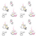 Many black and White icons of cute cats. Drawn kittens in graphic design.